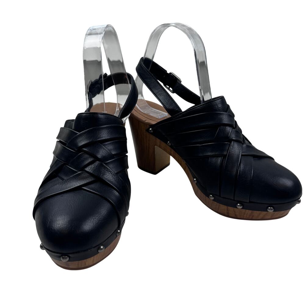 New Directions Gilda Black Boho Woven Detail Vegan Leather Clogs Women's Size 8